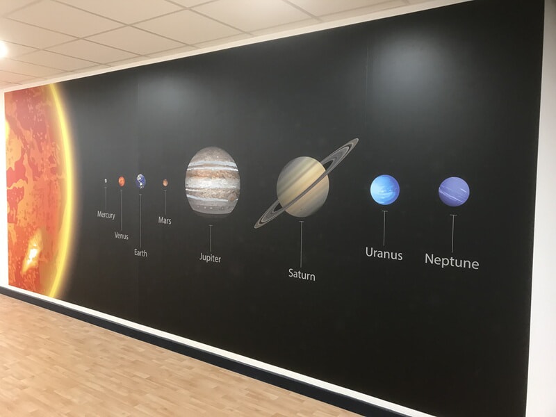 An image of a wall mural of the planetary system.